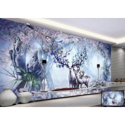 Blue Background Deer Tree Wallpaper