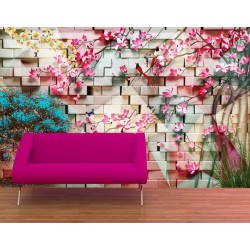 White Brick Pink Flower Wallpaper